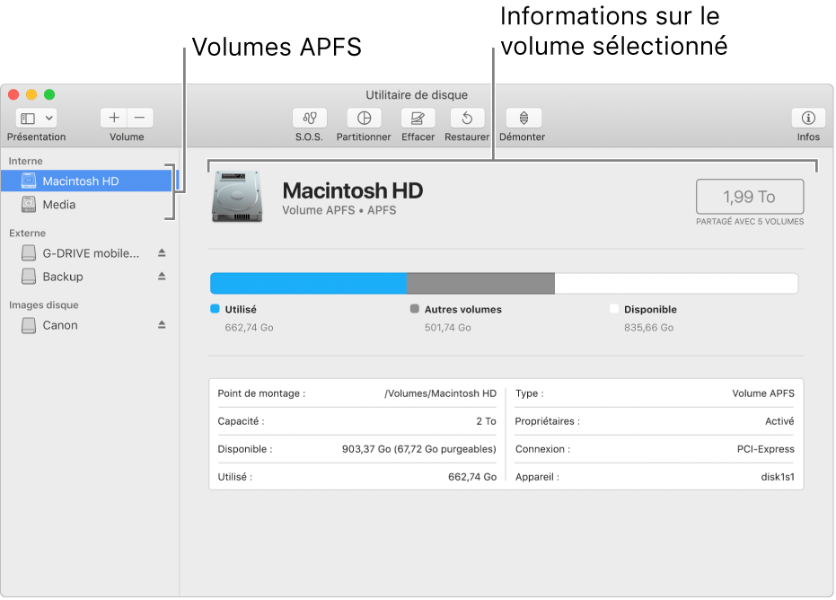 Un volume APFS sélectionné dans la barre latérale, affichant des informations sur le volume.