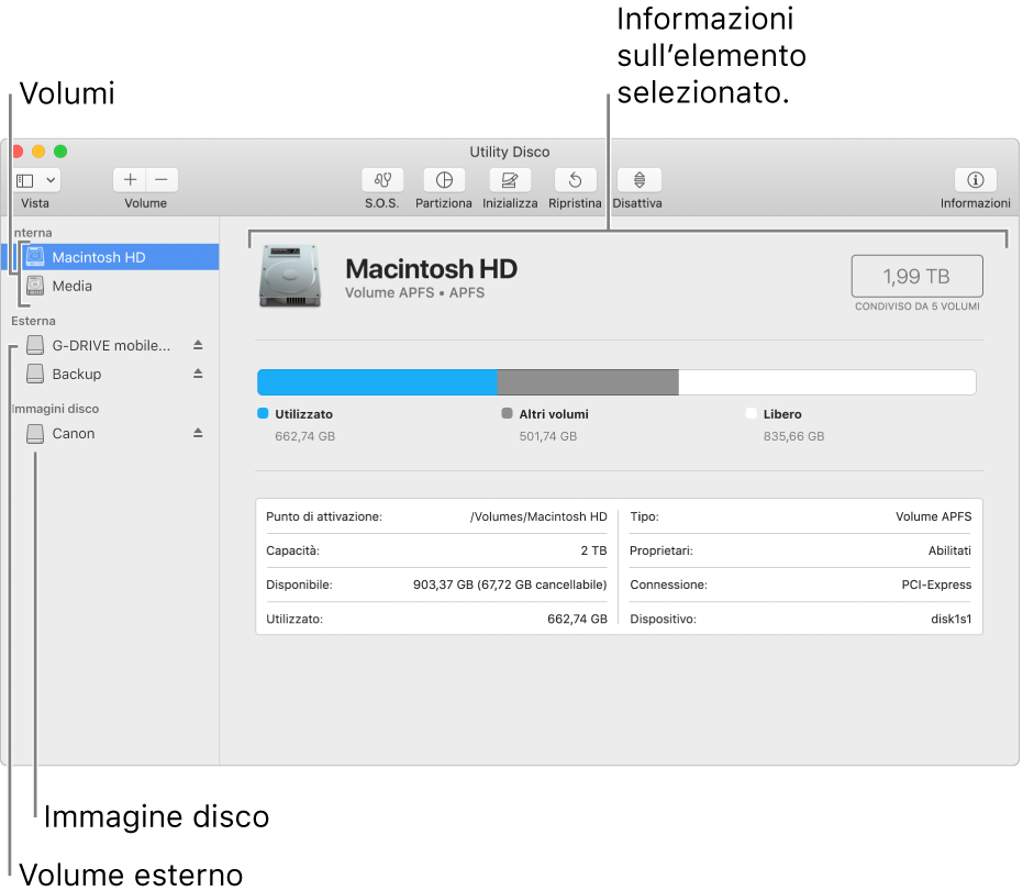 Finestra di Utility Disco che mostra un volume APFS su un disco interno, un volume su un disco esterno e un’immagine disco.