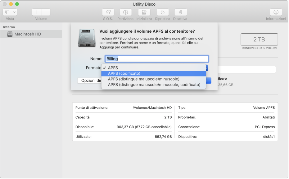 Opzione APFS (codificato) nel menu Formato.