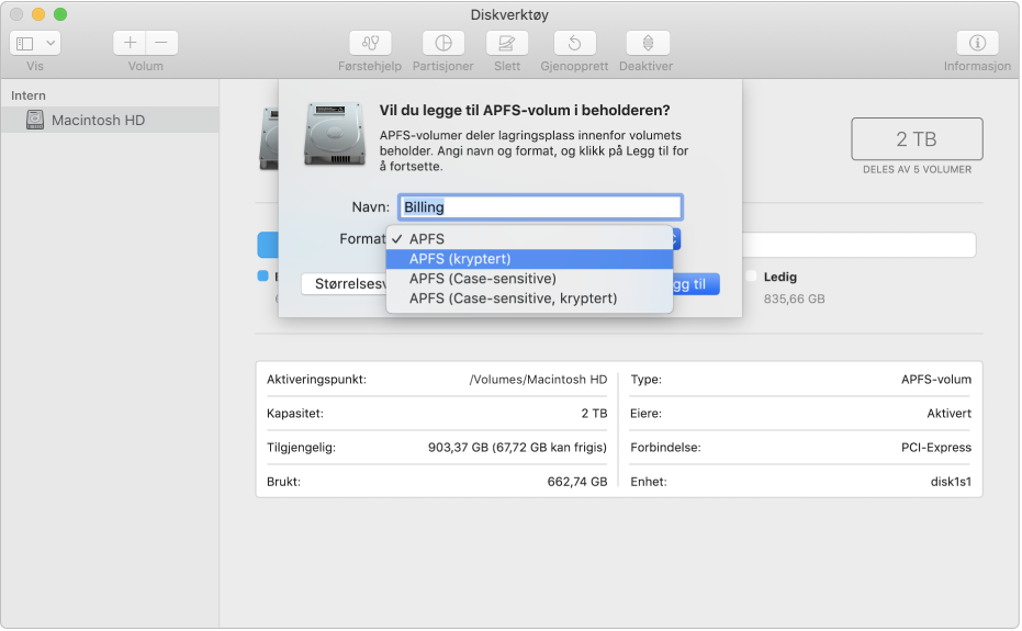 APFS (kryptert)-valget i Format-menyen.