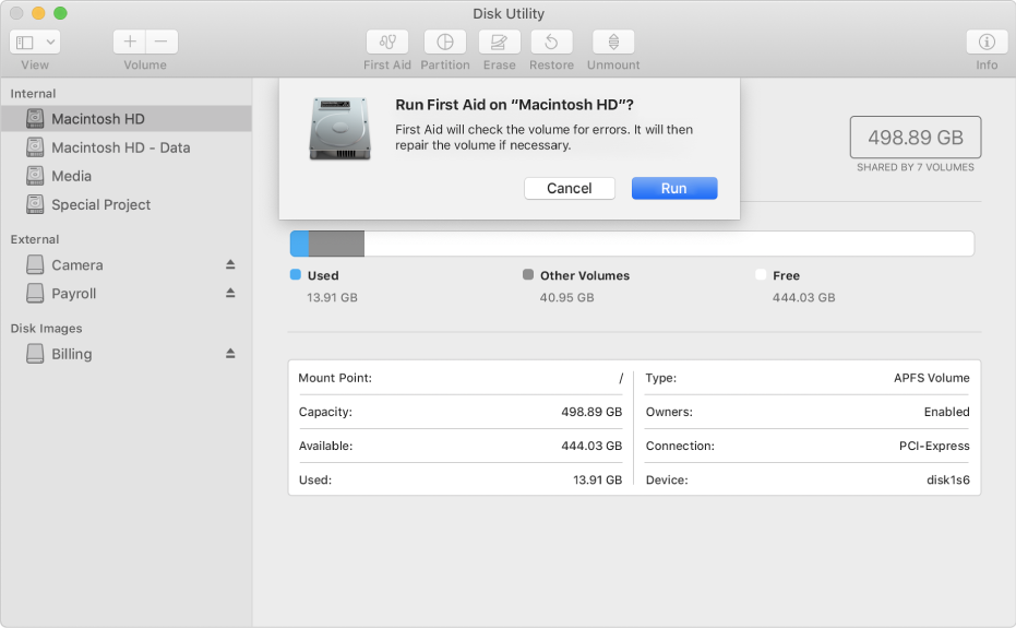 The First Aid dialogue in the Disk Utility toolbar.