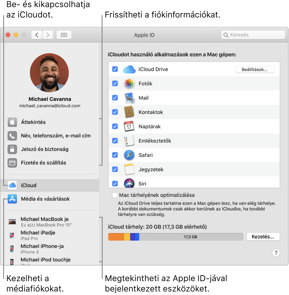 A Rendszerbeállítások Apple ID panelje. Kattintson az oldalsáv egyik elemére a fiókinformációk frissítéséhez, az iCloud be- vagy kikapcsolásához, a médiafiókok kezeléséhez, illetve az Ön Apple ID-jával bejelentkezett összes eszköz megtekintéséhez.