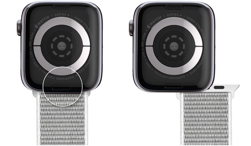 Deux images de l’Apple Watch. L’image de gauche présente le bouton pour défaire le bracelet. L’image de droite présente un bracelet de montre partiellement inséré dans l’emplacement prévu à cet effet.