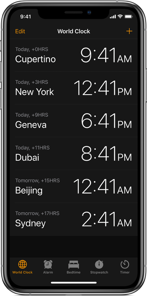 Бутонът World Clock (Час по света), показващ часа в различни градове. Докоснете Edit (Редактирай) в горния ляв край, за да подредите часовниците. Докоснете Add (Добави) в горния десен край, за да добавите нови. В долния край са бутоните Будилник, Време за сън, Хронометър и Таймер.