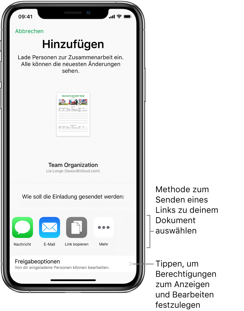 Ein Bildschirm zum Einladen der Personen, die deine Datei ansehen und bearbeiten dürfen. Zu den Methoden zum Senden der Einladung gehören die Apps „Nachrichten“ und „Mail“. Darunter werden die Freigabeoptionen angezeigt.