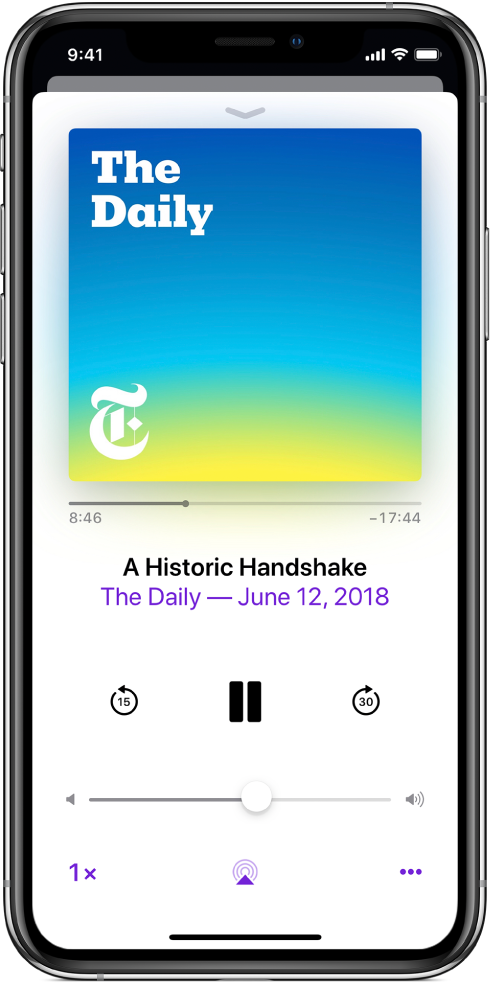 The playback controls on the Now Playing screen. Below the podcast artwork, drag the track position slider to rewind or move ahead. Below the episode title, there are buttons to rewind, play or pause, and fast forward. Below those is the volume control. In the bottom-left corner is the control for changing the playback speed. In the bottom-right corner is the More button.