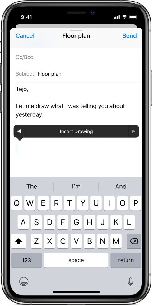 A screen showing how to begin to insert a drawing in the body of an email. The Insert Drawing button, which opens the drawing tools, appears in the email body.