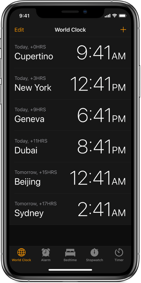 The World Clock tab, showing the time in various cities. Tap Edit in the upper left to arrange the clocks. Tap the Add button in the upper right to add more. Alarm, Bedtime, Stopwatch, and Timer buttons are along the bottom.