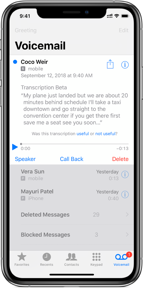 The Voicemail screen. At the top of the screen is the title bar with the Greeting button on the left and the Edit button on the right. Below the title bar is a list of callers who have left voicemail messages. A blue dot indicates the message is unheard. When you tap a message, playback controls are revealed, along with the Speaker, Call Back, and Delete buttons. An Info button for each message provides contact information for the caller, if available.