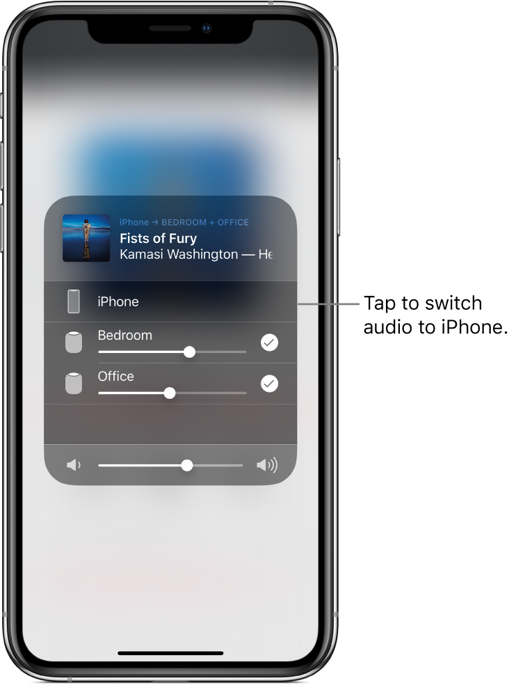 An AirPlay window is open and shows a song title and artist name at the top, with a volume slider at the bottom. The bedroom and office speakers are selected. A callout points to iPhone and reads, “Tap to switch audio to iPhone.”