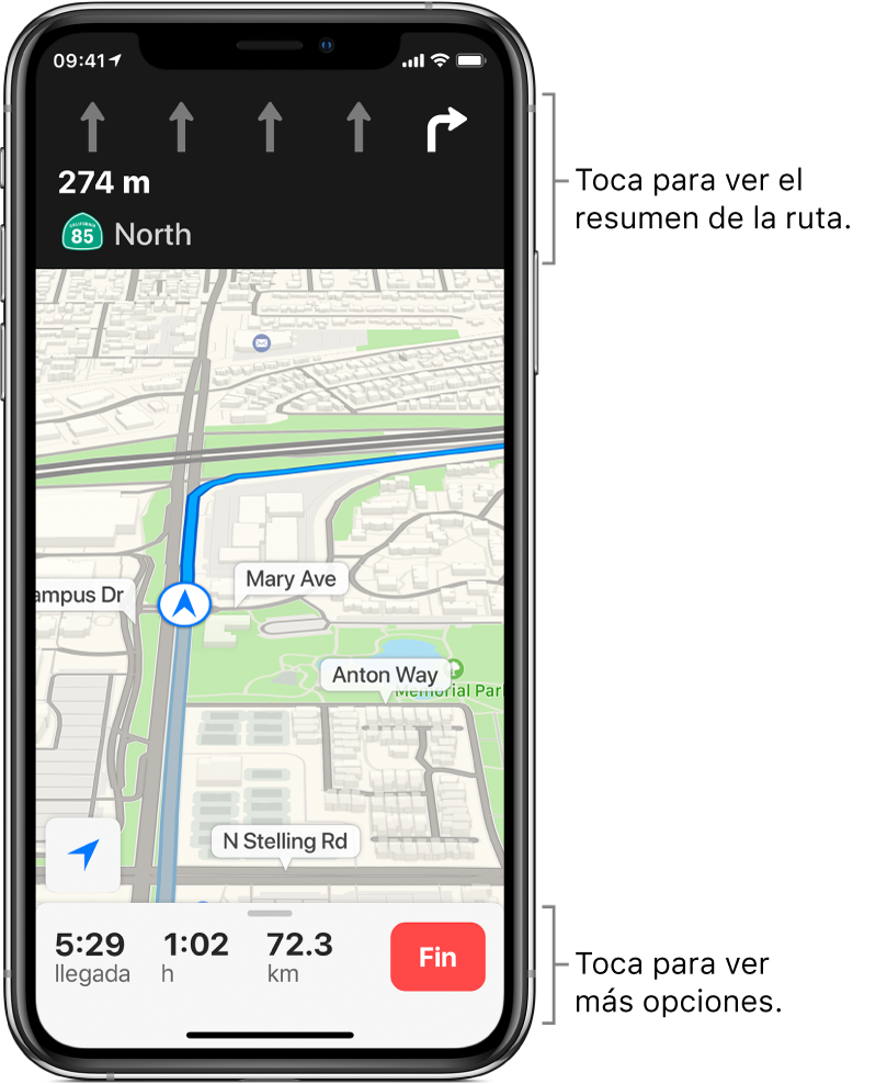 Un mapa mostrando una ruta y se incluye una indicación para dar vuelta en 270 metros. En la parte inferior del mapa se muestran la hora estimada de llegada y la distancia total a la derecha del botón Finalizar.