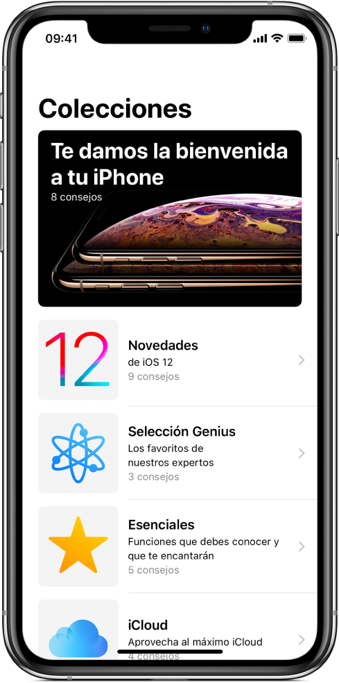 Pantalla mostrando una colección de consejos con flechas hacia la derecha indicando que puedes tocar una colección para ver los consejos que contiene.