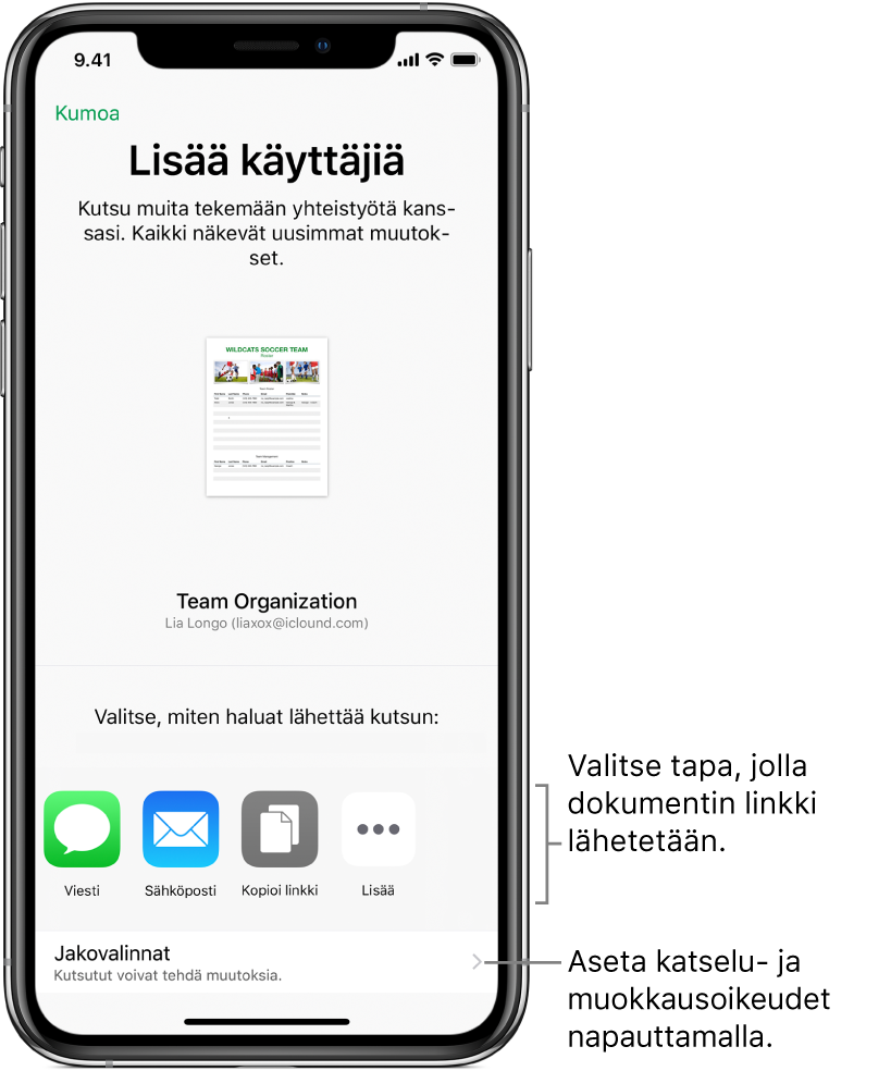 Näkymä, jossa kutsutaan ihmisiä katsomaan ja muokkaamaan tiedostoa. Kutsutapoja ovat muun muassa Viestit ja Mail. Jakovalinnat näkyvät niiden alapuolella.