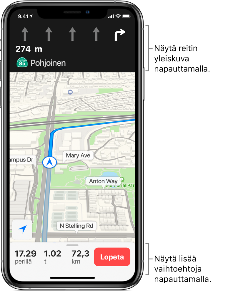 Kartta, jossa näkyy reitti ja ohje kääntyä oikealle 275 metrin jälkeen. Näytön alareunassa Lopetus-painikkeen vasemmalla puolella näkyvät saapumisaika, matka-aika ja kokonaismatka.