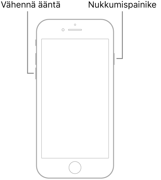 Kuvassa on iPhone 7 näyttö ylöspäin. Äänenvoimakkuuden vähennyspainike on laitteen vasemmalla puolella ja nukkumispainike on oikealla.