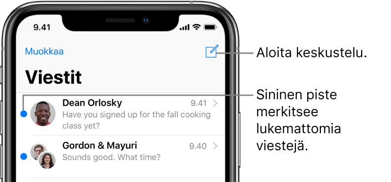 Viestit-luettelo, jossa Muokkaa-painike on ylhäällä vasemmalla ja kirjoituspainike on ylhäällä oikealla. Sininen piste viestin vasemmalla puolella tarkoittaa, että viestiä ei ole luettu.