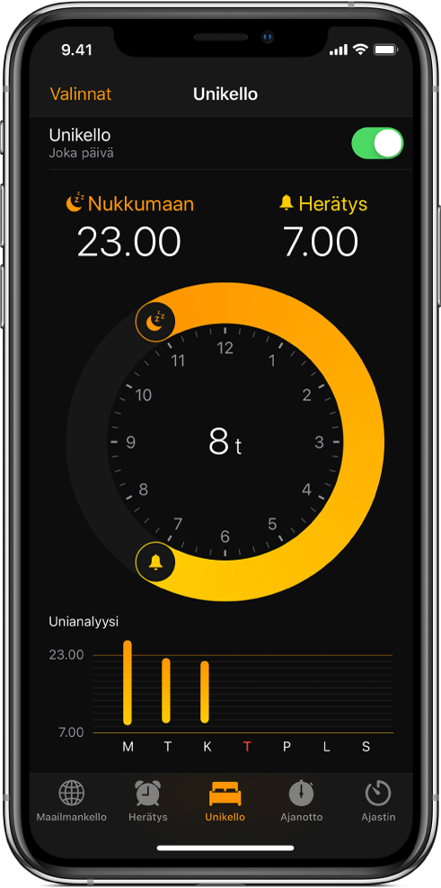 Unikello-välilehti, jossa näkyy nukkumaanmenoaika kello 11 illalla ja herätysaika kello 7 aamulla.