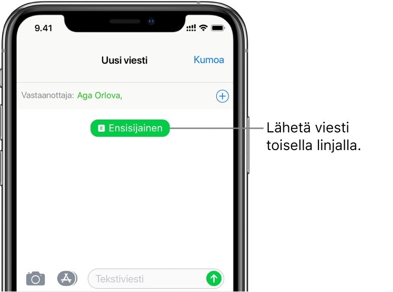 Uuden teksti-/multimediaviestikeskustelun Viestit-näyttö: Jos haluat lähettää viestin toisella linjallasi, napauta vastaanottajan alla olevaa linjapainiketta.