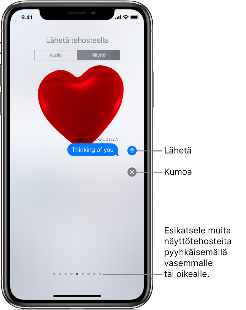 Viestin esikatselu, jossa näkyy koko näytön tehoste, jossa on punainen sydän.