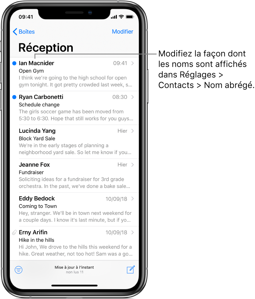 Aperçu d’un e-mail dans la boîte de réception montrant le nom de l’expéditeur, l’heure d’envoi, l’objet et les deux premières lignes de l’e-mail. Pour modifier la façon dont les noms sont affichés, accédez à Réglages > Contacts > Nom abrégé.