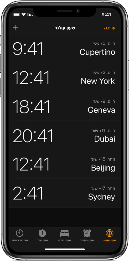 הכרטיסיה ״שעון עולמי״, עם השעה במספר ערים. הקש/י על ״עריכה״ למעלה מימין כדי לסדר את השעונים. הקש/י על הכפתור ״הוסף״ למעלה משמאל כדי להוסיף שעונים. הכפתורים ״שעון מעורר״, ״שעת שינה״, ״שעון עצר״ ו״ספירה לאחור״ מופיעים בתחתית המסך.