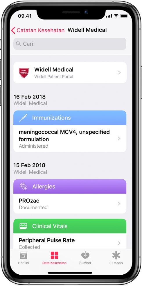 Jepretan layar catatan kesehatan dalam urutan kronologis, dengan terbaru di bagian atas. Widell Medical, Widell Patient Portal diidentifikasi di dekat bagian atas layar sebagai asal catatan. Catatan terbaru dengan tanggal 16 Februari 2018, untuk imunisasi yang diberikan untuk meningokokus MCV4, formula tidak ditetapkan. Muncul di bawah catatan imunisasi adalah dua catatan dengan tanggal 15 Februari 2018, satu untuk alergi PROzac dan yang lainnya untuk mengindikasikan bahwa denyut periferal dikumpulkan.