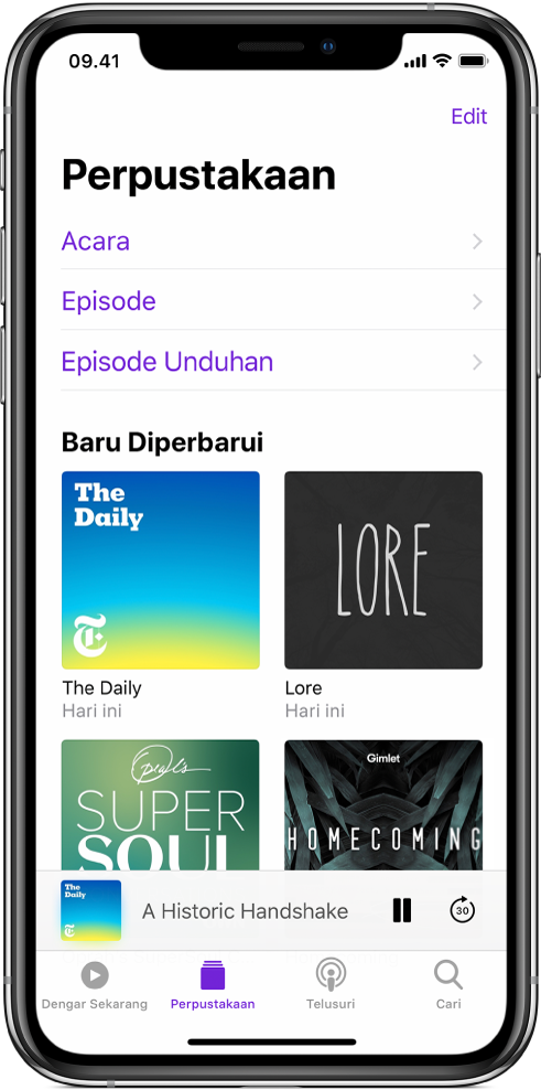 Tab Perpustakaan menampilkan podcast yang baru diperbarui.