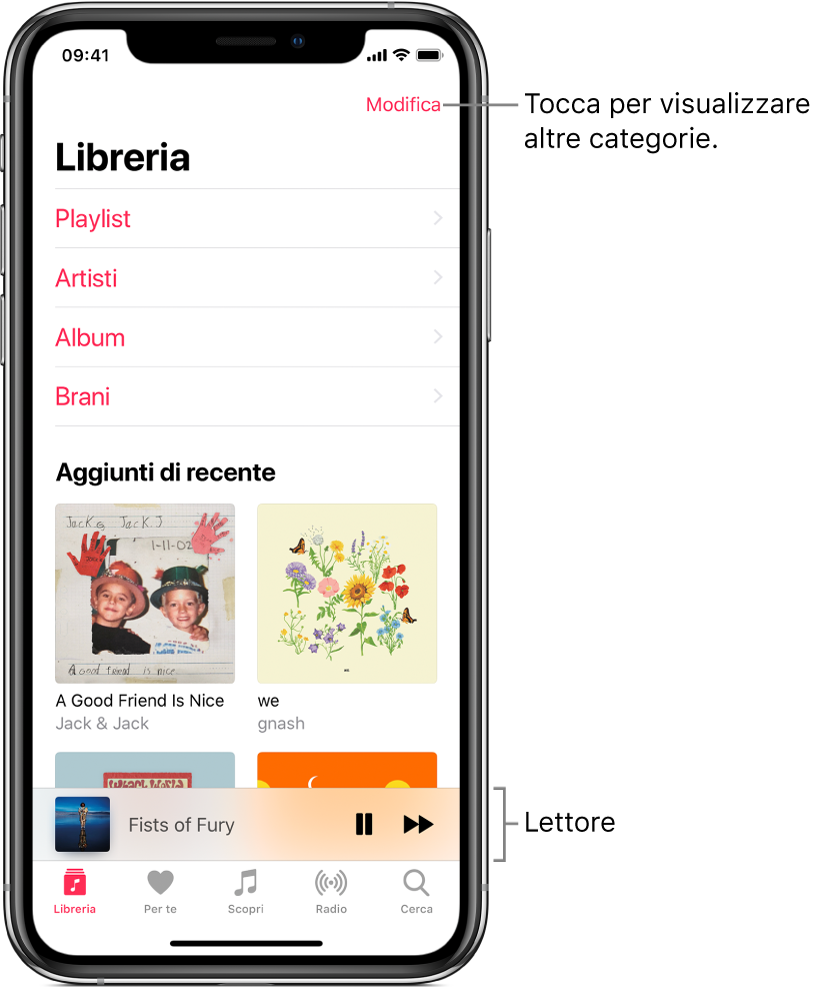 La schermata Libreria che mostra un elenco di categorie tra cui Playlist, Artisti, Album e Brani. Sotto l'elenco compare il titolo “Aggiunti di recente”. Il lettore che mostra il titolo del brano attuale e i pulsanti Pausa e Avanti vengono visualizzati in basso.