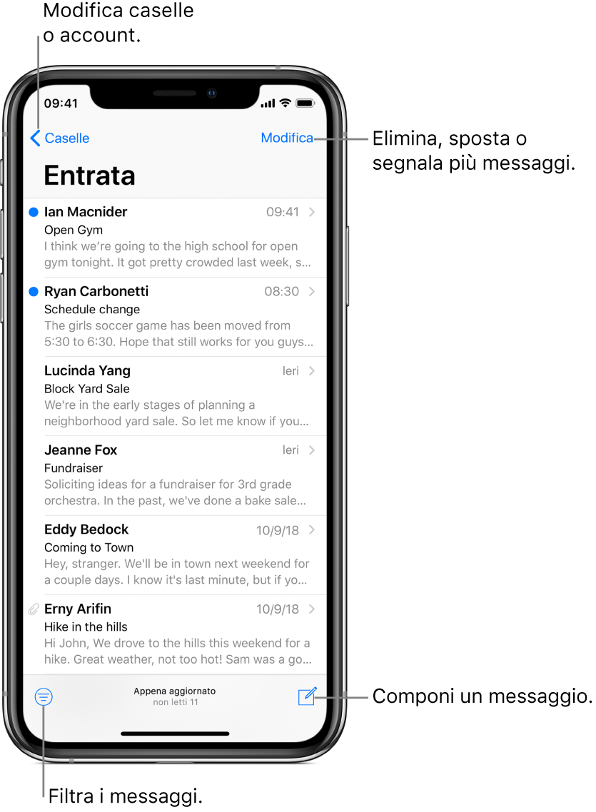 Un elenco di e-mail nella casella di posta in entrata. Il pulsante Caselle, nell’angolo in alto a sinistra, per passare a un’altra casella. Il pulsante Modifica nell’angolo in alto a destra, per eliminare, spostare o contrassegnare le e-mail. Nell’angolo in basso a sinistra, il pulsante per filtrare le e-mail, in modo che vengano mostrati soltanto determinati tipi di e-mail. Il pulsante per scrivere una nuova e-mail si trova nell’angolo in basso a destra.