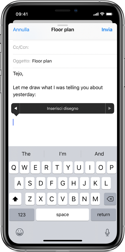 Una schermata che mostra come iniziare a inserire un disegno nel corpo di un'e-mail. Il pulsante “Inserisci disegno”, che apre gli strumenti di disegno, appare nel corpo dell'e-mail.