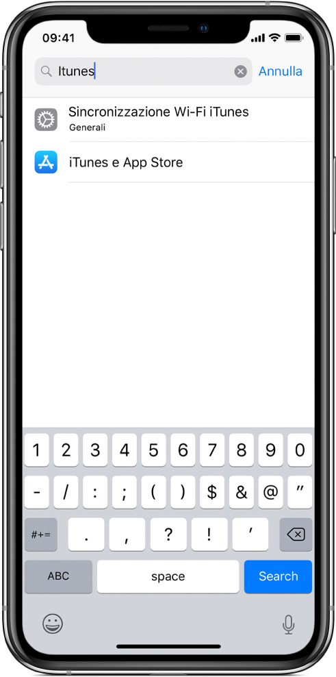La schermata per cercare le impostazioni, con il campo di ricerca nella parte alta dello schermo. Nel campo di ricerca è presente la stringa “iTunes” e nell'elenco sotto sono presenti due impostazioni trovate.