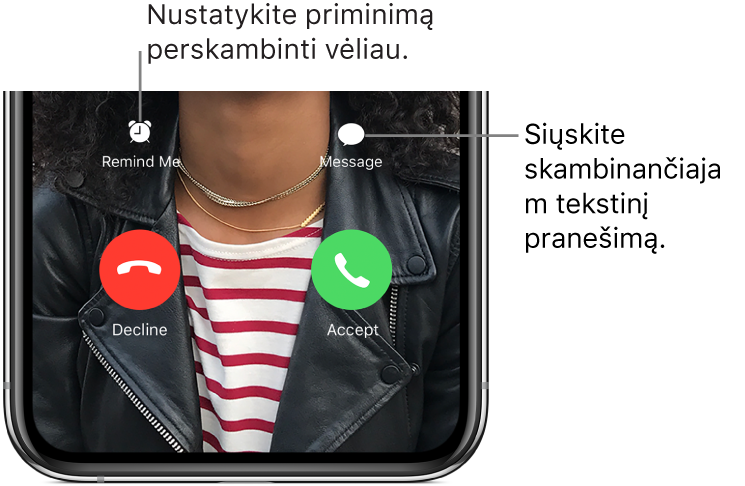 Gaunamo skambučio ekranas. Ekrano apačioje, viršutinėje eilėje iš kairės į dešinę yra „Remind Me“ ir „Message“ mygtukai. Apatinėje eilėje iš kairės į dešinę yra „Decline“ ir „Accept“ mygtukai.