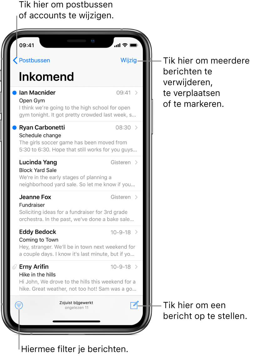 De postbus 'Inkomend' met een lijst met e-mails. Linksbovenin zie je de postbusknop waarmee je naar een andere postbus kunt gaan. Rechtsbovenin bevindt zich de wijzigknop voor het verwijderen, verplaatsen of markeren van e-mail. Linksonderin zie je de filterknop, waarmee je kunt instellen dat alleen bepaalde e-mails worden weergegeven. Rechtsonderin staat de knop voor het opstellen van een nieuwe e-mail.