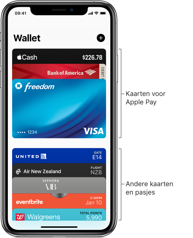 Het Wallet-scherm met de bovenkanten van diverse creditcards, betaalkaarten en pasjes.