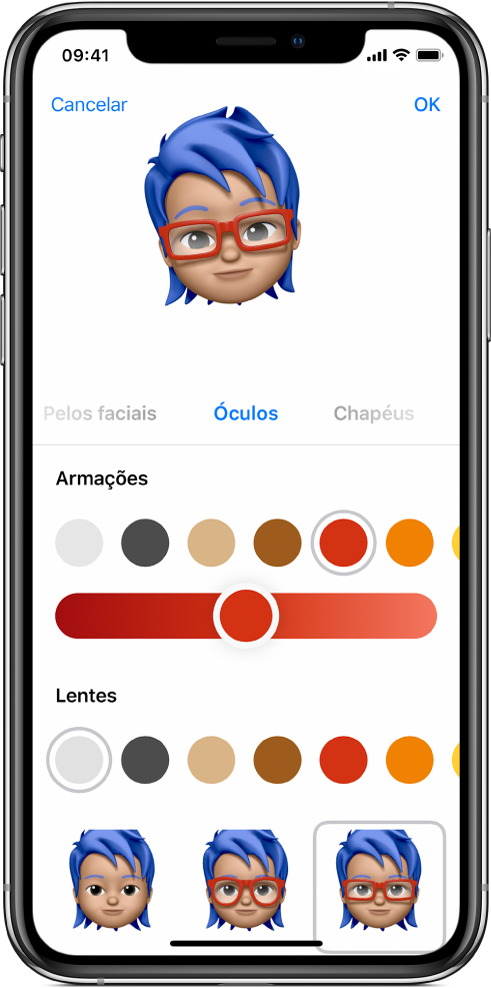 Um ecrã de Mensagens a mostrar um Memoji a ser criado.