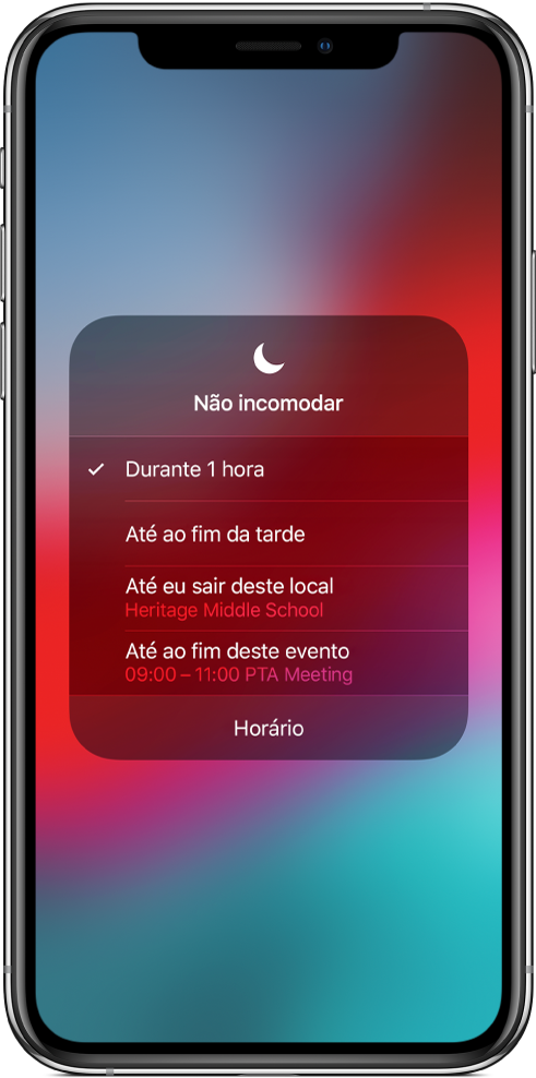 Um ecrã a mostrar opções para ativar “Não incomodar” durante uma hora, até ao fim da tarde, até sair de um local ou até ao fim de um evento.