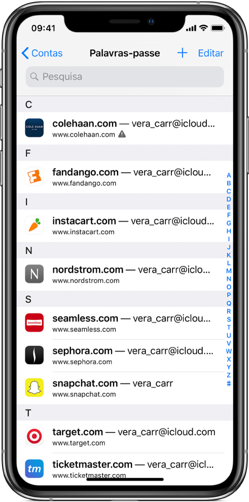 Um ecrã da palavra-passe a mostrar uma lista alfabética de sites e os respetivos nomes de conta. O primeiro site listado tem um emblema de aviso de palavra-passe reutilizada junto ao URL.