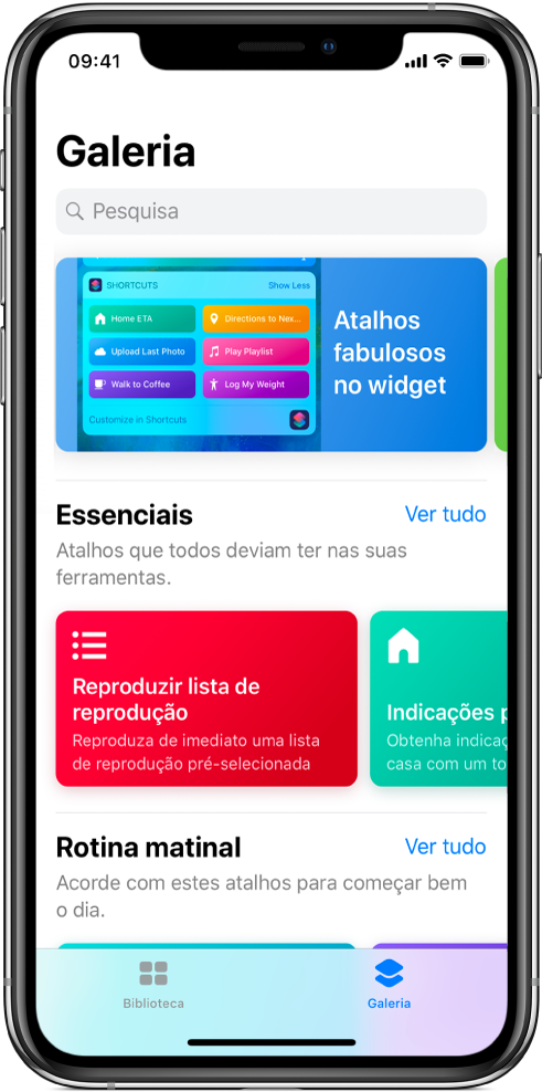 O separador Galeria na aplicação Atalhos a mostrar sugestões para atalhos.