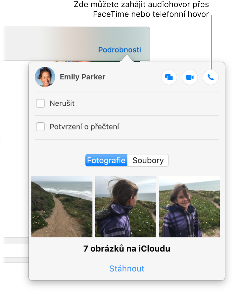 Zobrazení podrobností, které se objeví po kliknutí na volbu Podrobnosti v konverzaci. Tlačítko Audio se nachází v pravém horním rohu