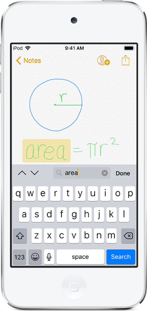 A note with searchable handwriting. The word “area” is entered in the search field and is highlighted in the note.