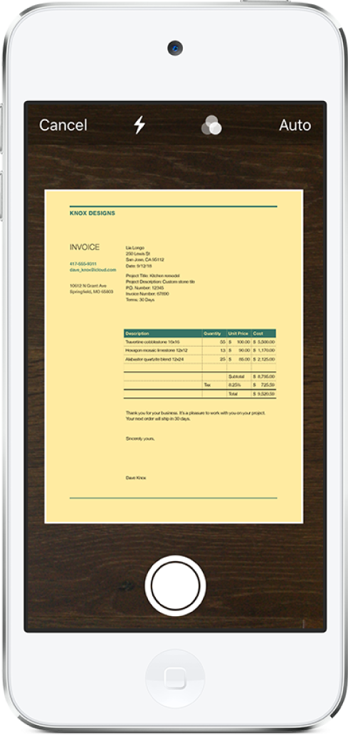 A screen showing a document being scanned. The Take Picture button is at the bottom center.