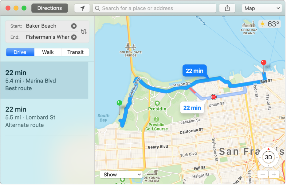 Maps window showing a route to a destination.