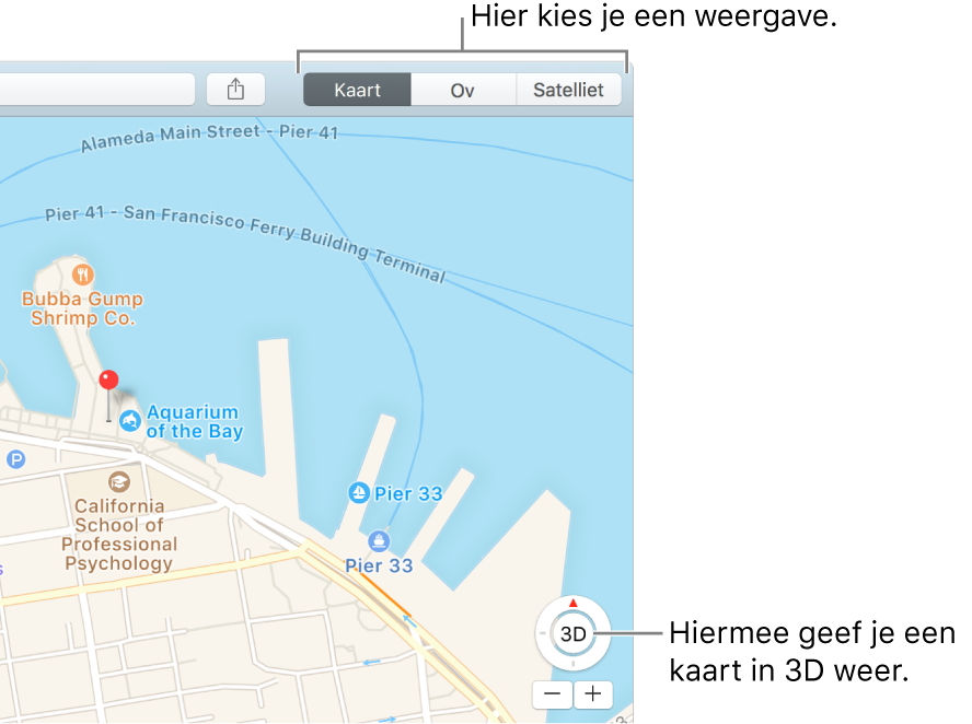 Klik op 'Kaart' of 'Satelliet' in de knoppenbalk om de weergave te wijzigen. Om een kaart in 3D weer te geven, klik je op de knop onder in het venster.
