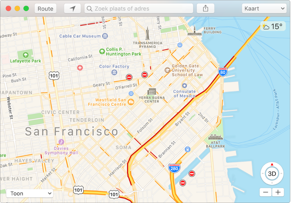Kaarten-venster met verkeersinformatie weergegeven als symbolen op een kaart.