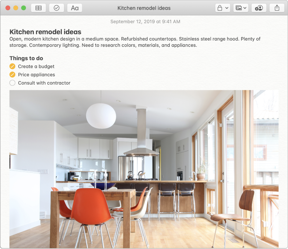 A note that includes a description of kitchen remodel ideas, a checklist of things to do, and a photo of a kitchen.