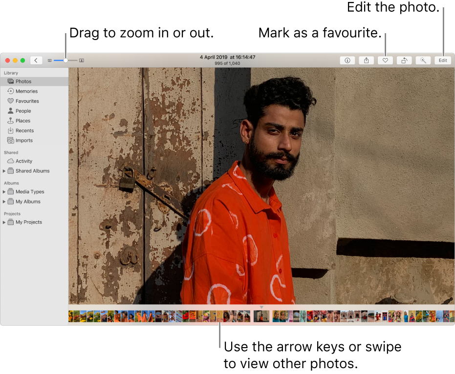 The Photos window showing an enlarged photo on the right with a row of thumbnails below. The toolbar at the top includes the Zoom slider, Favourite button and Edit button.