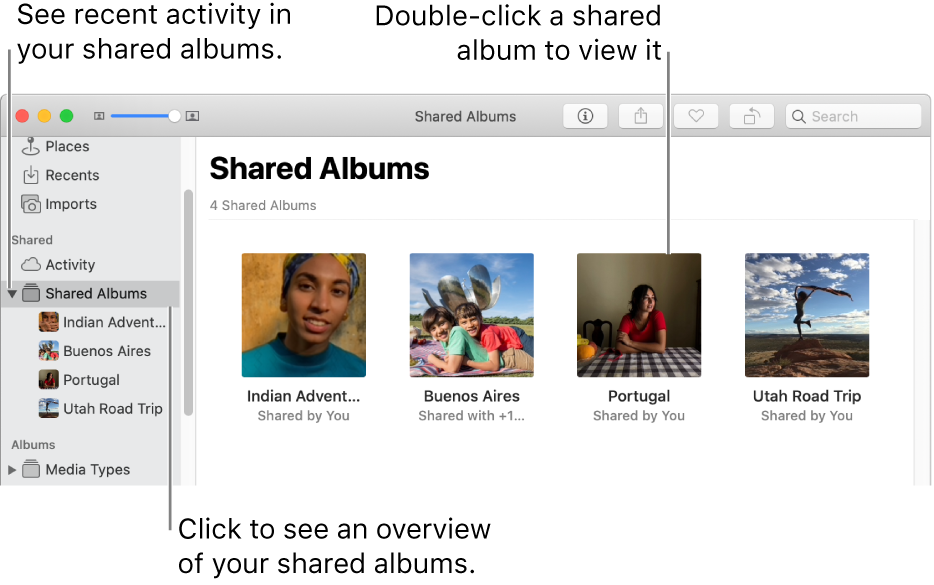 The Shared Albums pane of the Photos window, showing shared albums.