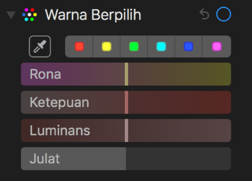 Kawalan Warna Berpilih menunjukkan gelangsar Rona, Ketepuan, Luminans dan Julat.