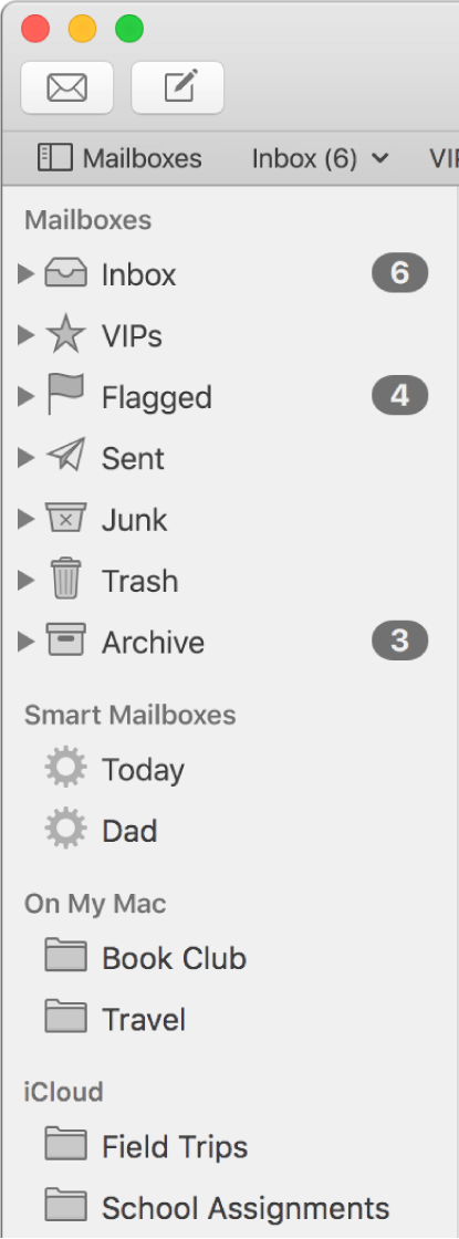 The Mail sidebar showing standard mailboxes (such as Inbox and Drafts) at the top of the sidebar and mailboxes you created in the On My Mac and iCloud sections.