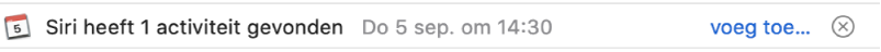 Een banner onder de berichtkoptekst in het voorvertoningsgebied bevat informatie over een activiteit die Siri in het bericht heeft gevonden. Rechts zie je een link om de activiteit aan Agenda toe te voegen.